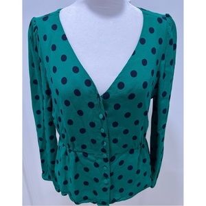 J. Crew Green & Navy Blue Long Sleeve V-Neck Polkadot Top